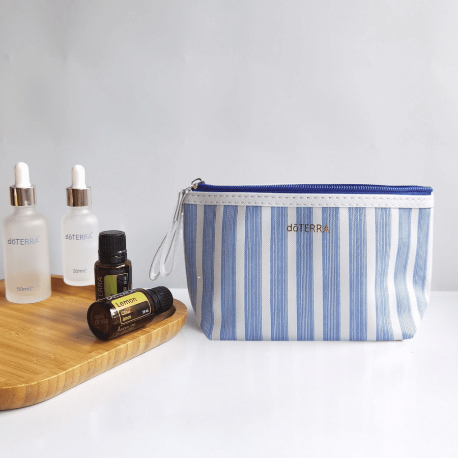Аромакосметичка для флаконов и роллеров, на 10 ячеек, с логотипом doTERRA, в голубую полоску