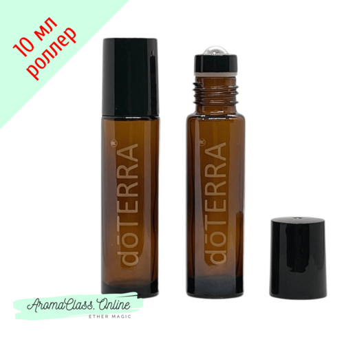 Флакон роллер, 10 мл, с золотистой надписью doTERRA, коричневое толстое стекло, составной ролик, черная крышка