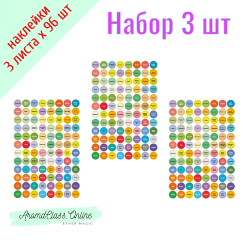 Набор наклеек Ассорти, 3 листа по 96 шт., диаметр 13 мм, глянцевая бумага