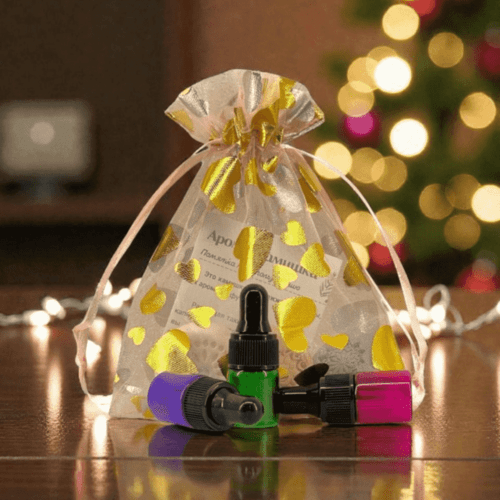 Подарочный набор, мешочек 10х12см, белый с золотыми сердечками + ладанка 3шт + пипетка 1 мл