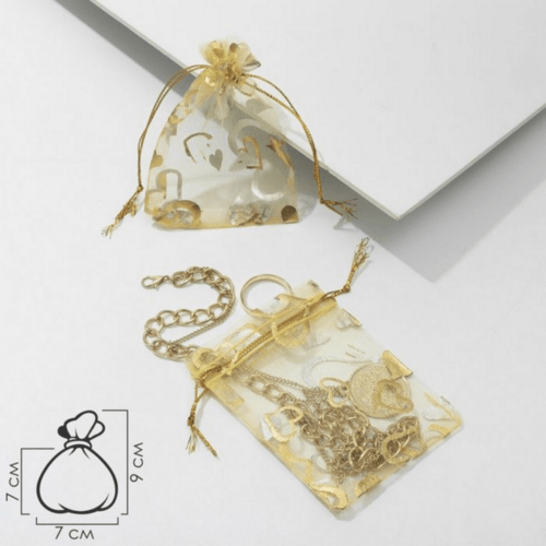 Мешочек подарочный СЕРДЕЧКИ 7х9 см для пробников 1-5 мл цвет золотой материал органза