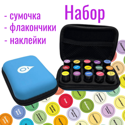 Набор сумочка на 15 ячеек голубая + флакончики 15шт на 2мл + стикеры наклейки для эфирных масел doterra